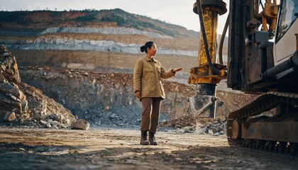 Female Excavator Operator Standing in Open Mine Site with Heavy Machinery in Natural Light