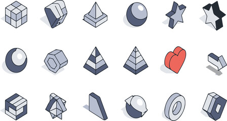 Isometric icon set with various business and technology elements isolated on white background