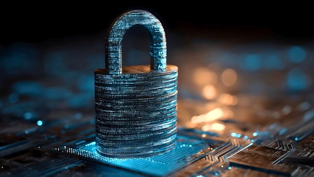 A padlock, symbolizing security, rests on a circuit board, representing data protection