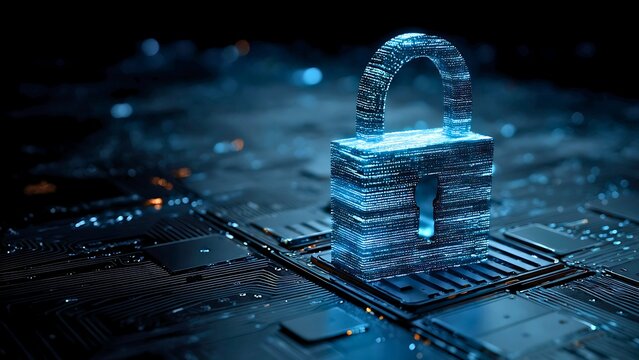 A digital padlock shines against a tech-infused background, symbolizing security and protection
