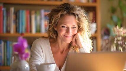A woman joyfully works at her laptop in a cozy home environment. She is smiling and appears content as she looks at the computer screen.