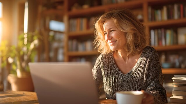 A woman smiles while using her laptop at the desk. There is a coffee cup and the bookshelf background  - Powered by Adobe