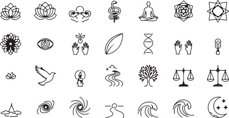 Spiritual awakening line art icons set isolated on white background