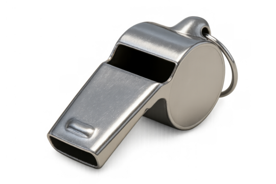 Silver metal whistle signaling control and direction in sports, calling attention, or managing events with clear sound, transparent background