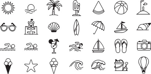 Summer line art icons set isolated on white background