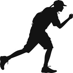 Silhouette of a person running with a backpack and cap isolated on white background