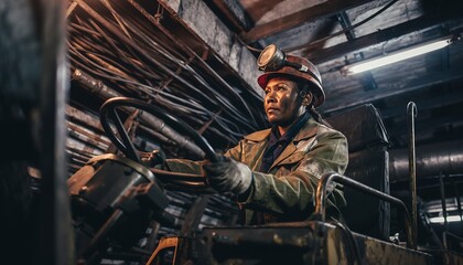 Female Industrial Worker Operating Heavy Machinery in Underground Factory with Focused Expression