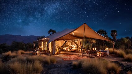 Luxury glamping tent under a starry night sky, offering a unique travel experience. The illuminated interior of the tent reveals a cozy setup