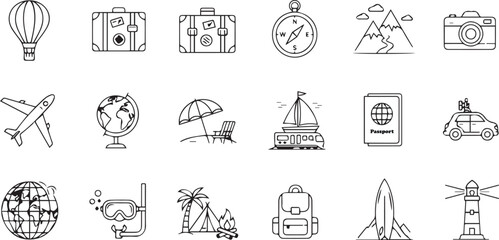Collection of travel themed line art icons isolated on white background