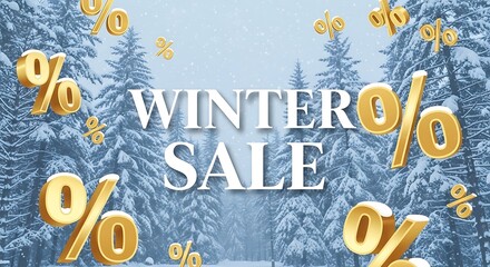 Golden percentage symbols float around a snowy forest scene advertising a winter sale event