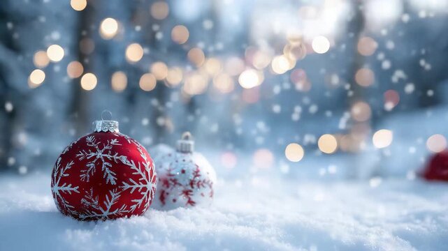 53Cozy Christmas scene featuring red and silver baubles on fresh snow, glowing fairy lights casting soft reflections, winter holiday charm radiating through composition