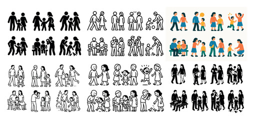 Family silhouettes and line drawings