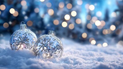 56Two sparkling Christmas baubles resting in snow, gentle lights illuminating them from behind, blending the beauty of winter chill and festive glow - Powered by Adobe