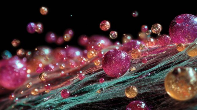 A Stunning Display of Colorful Spheres and Fibers in a Dazzling Abstract Composition Reflecting Light and Movement - Powered by Adobe