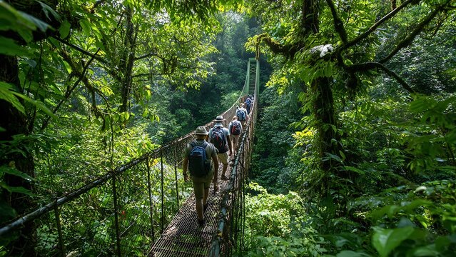 People walking across a suspension bridge in the dense rainforest. The bridge is surrounded by lush green trees, creating a sense of adventure - Powered by Adobe