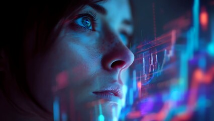 A woman gazing thoughtfully at a digital interface with complex data visualizations. The lighting is dominated by cool blues and vibrant reds, creating a futuristic ambiance