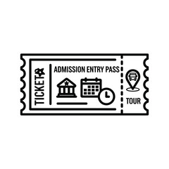 Line art icon of an admission entry pass ticket for tour, event, or attraction with date and location
