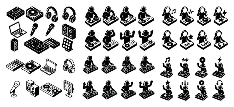 Icon set of dj equipment and djs