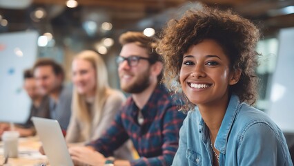 A diverse team collaborates and smiles happily in a modern office environment. The primary focus is on a smiling individual