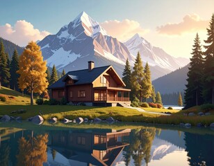 Lakeside cabin, mountain backdrop, serene scenery