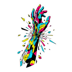 Obraz premium Abstract shattered geometric hand exploding with vibrant cyan, magenta, and yellow colors on a white background