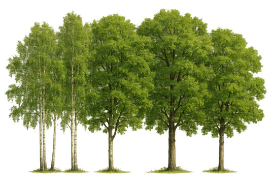 Deciduous trees, including birches, displaying vibrant green spring leaves. Isolated image with a transparent background
