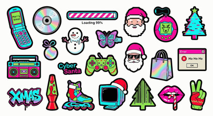 Y2K Cyber Christmas Vector Icon Set with Glitch Art and Retro 2000s Aesthetic Elements