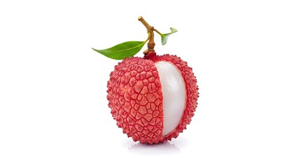 Single lychee fruit peeled open showing white flesh isolated on white background