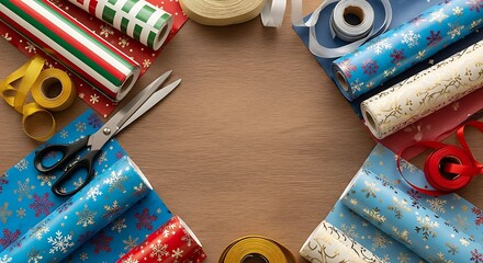 Overhead view of various colorful christmas wrapping paper roll ribbon and scissor frame on wood