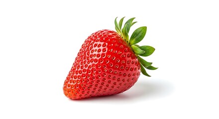 Single ripe red strawberry with green stem isolated on white background