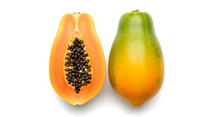 Whole and halved ripe papaya fruit isolated on white background