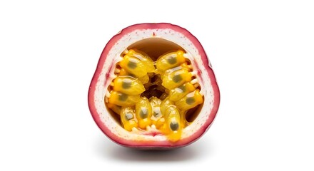 Half passion fruit with edible pulp and seeds isolated on white background