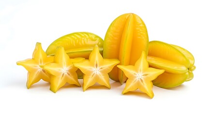 Fresh star fruit slices and whole carambola isolated on white background