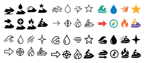 Jet ski icon set: diverse design variations