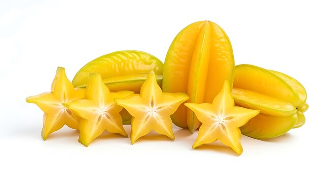 Fresh star fruit slices and whole carambola isolated on white background