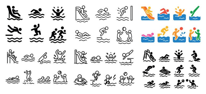 Swimming pool activities icons set