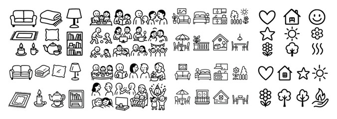 Cozy family icons and home elements