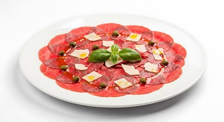 Thinly sliced beef carpaccio with parmesan cheese and basil isolated on white background