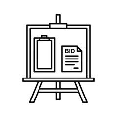 Black and white line art icon of an easel displaying a document labeled bid and a blank clipboard for auction or business presentation concept isolated on