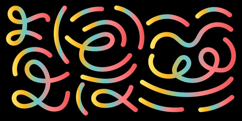 Colorful abstract swirls and curves on a black background