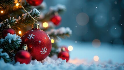 Obraz premium A festive red Christmas ornament sits atop a snowy surface, perfect for holiday decorations or winter themed scenes