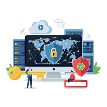 Vector illustration of global cybersecurity monitoring on multiple devices with technical experts, useful for digital protection campaigns and cyber information technology education content
