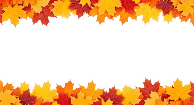 Colorful autumn maple leaves forming a vibrant border on a white background with ample empty space for text