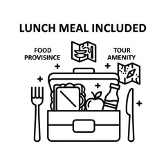 Lunch meal included icon, featuring a lunchbox with food, drink, and cutlery, representing tour amenities, isolated on
