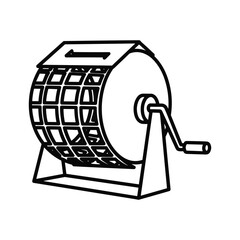 Black and white line art icon of a raffle drum or lottery wheel with a crank handle, isolated on
