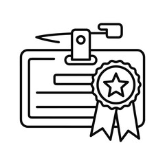 Line icon of an achievement badge or award certificate attached to an identification card with a clip, isolated on