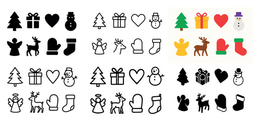 Obraz premium Christmas icon set: trees, gifts, snowmen
