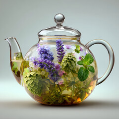 Botanical Infusion In A Clear Glass Teapot With Hops And Flowers