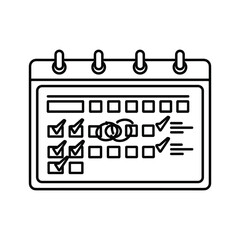 Black and white line art icon of a calendar with checkmarks and circled dates representing planning, scheduling, or task completion isolated on