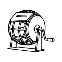 Black and white line art illustration of a raffle drum or lottery tumbler machine isolated on